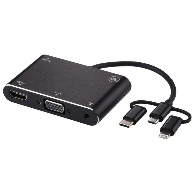Convertitore adattatore per lettore schermo HD 3 in 1 8 pin + micro USB + da tipo C a AV + HDMI + VGA 15 pin con audio Convertitore adattatore per lettore schermo HD 3 in 1 8 pin + micro USB + da tipo C a AV + HDMI + VGA 15 pin con audio